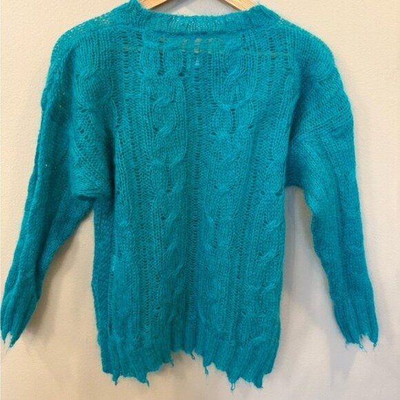 Anthropologie Women’s Sweater Sheer Teal Cable Knit Open Weave Size Small Cozy - Picture 4 of 11